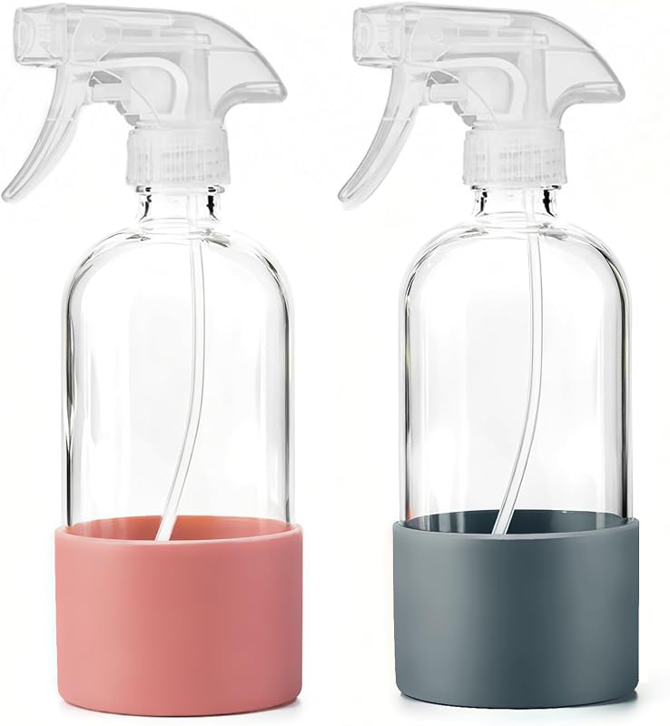 Frascos spray de vidro TTTred com capa de silicone e bico ajustável, 2 unidades, 473 mL, rosa e cinza, SPB-F