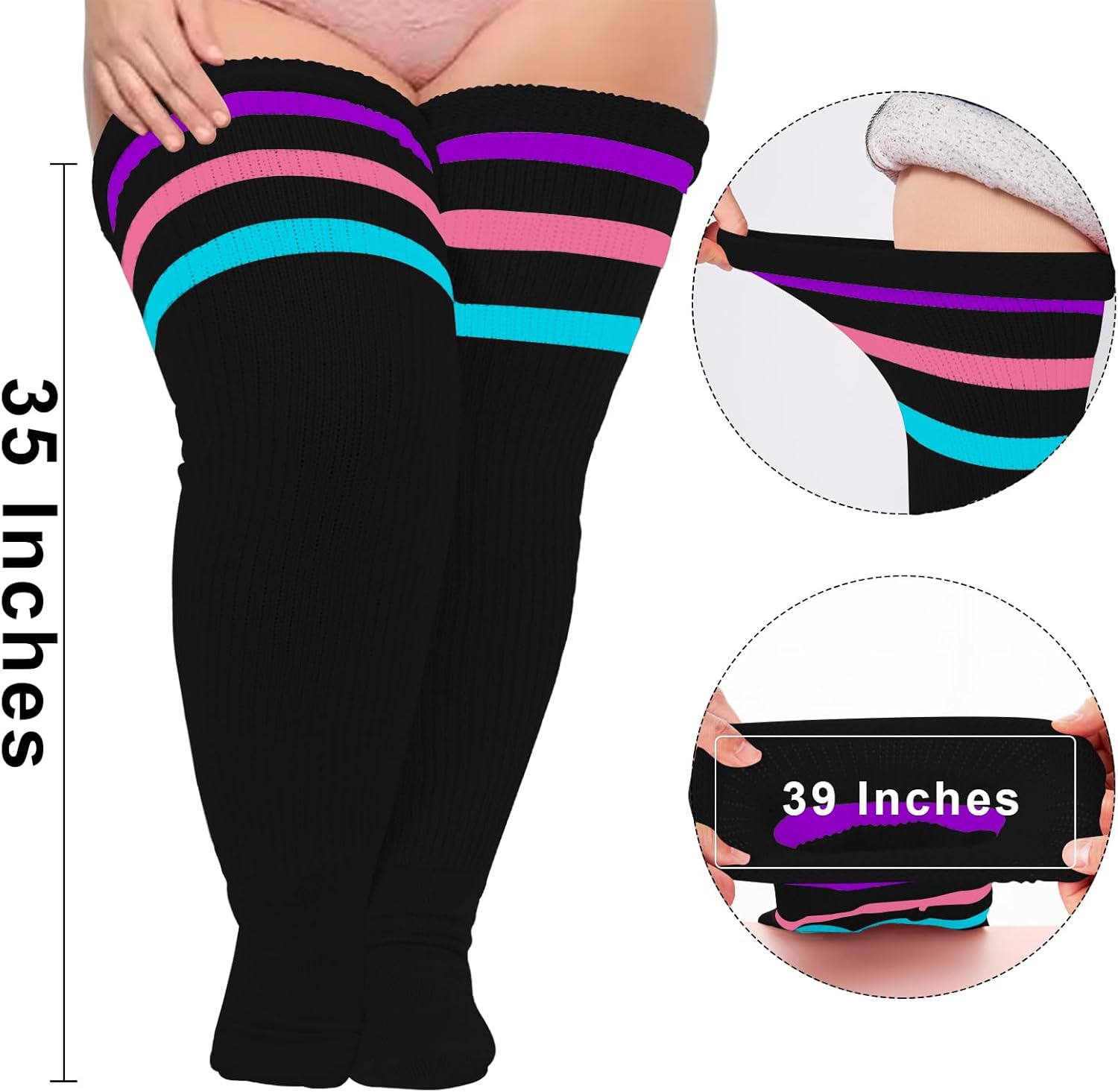 Moon Wood Plus Size Thick Thigh High Socks for Thick Thighs- Extra Long Striped Over the Knee Halloween Socks Leg Warmers - Image 2