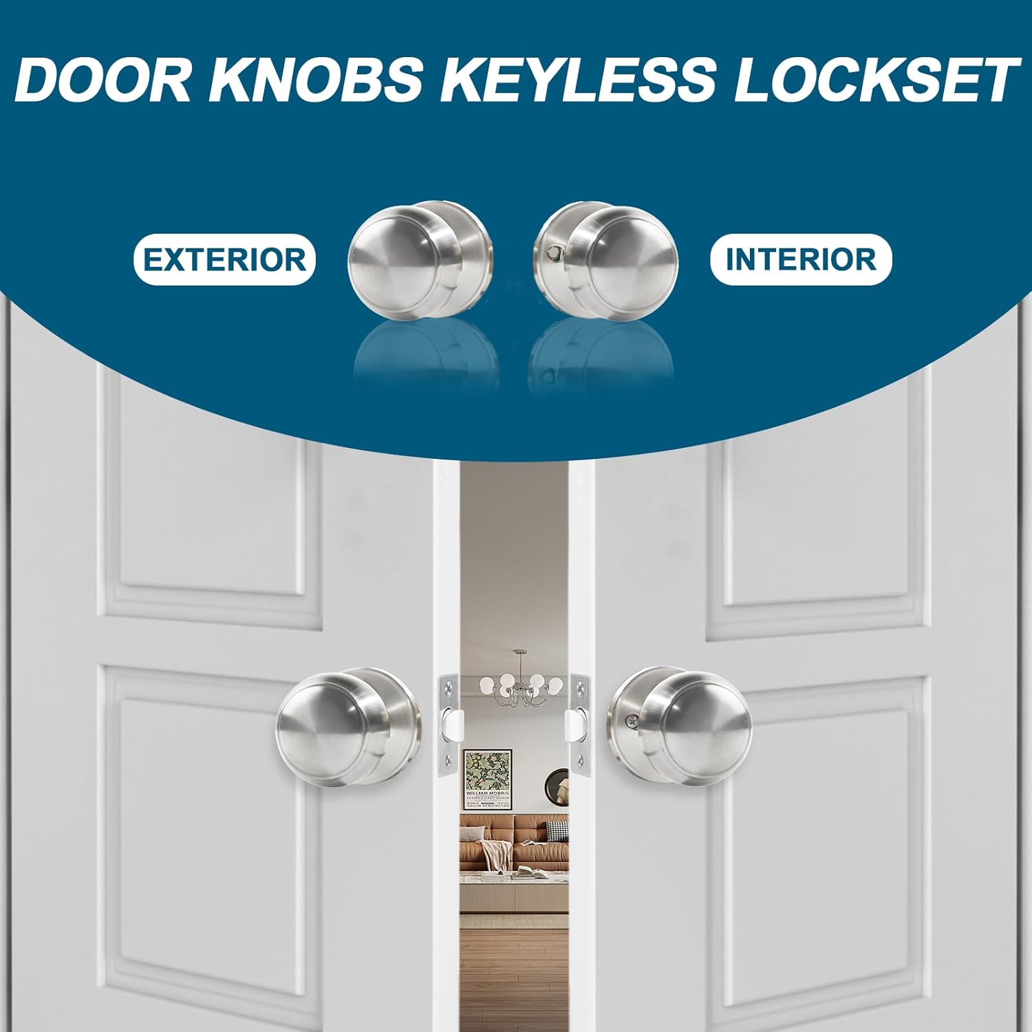 Passage Door Knobs, 10 Pack Satin Nickel Door Knobs, for Hallway & Closet Non-Locking Interior Round Door Handles Keyless Reversible for Left Right Handed Doors