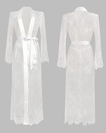 Womens Sexy Lace Lingerie See Through Robe Mesh Long Kimonos Chemise Cover Up Maxi Dress Elegant Belted Dressing Gown