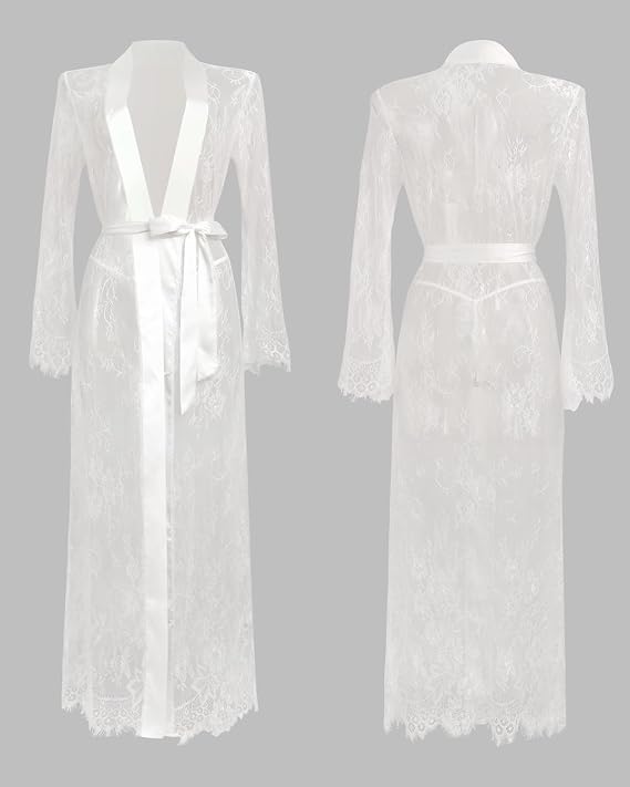 Womens Sexy Lace Lingerie See Through Robe Mesh Long Kimonos Chemise Cover Up Maxi Dress Elegant Belted Dressing Gown