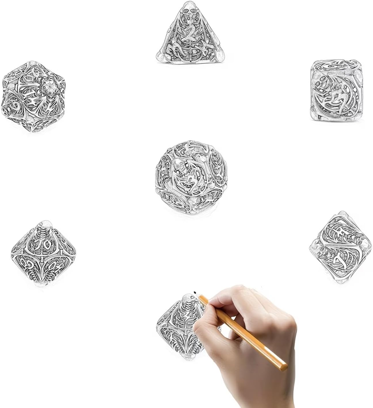7 Piece Silver Gold Skull Metal Dice, Hollow Polyhedron, Compatible with Role-Playing RPG Board Game Card Game