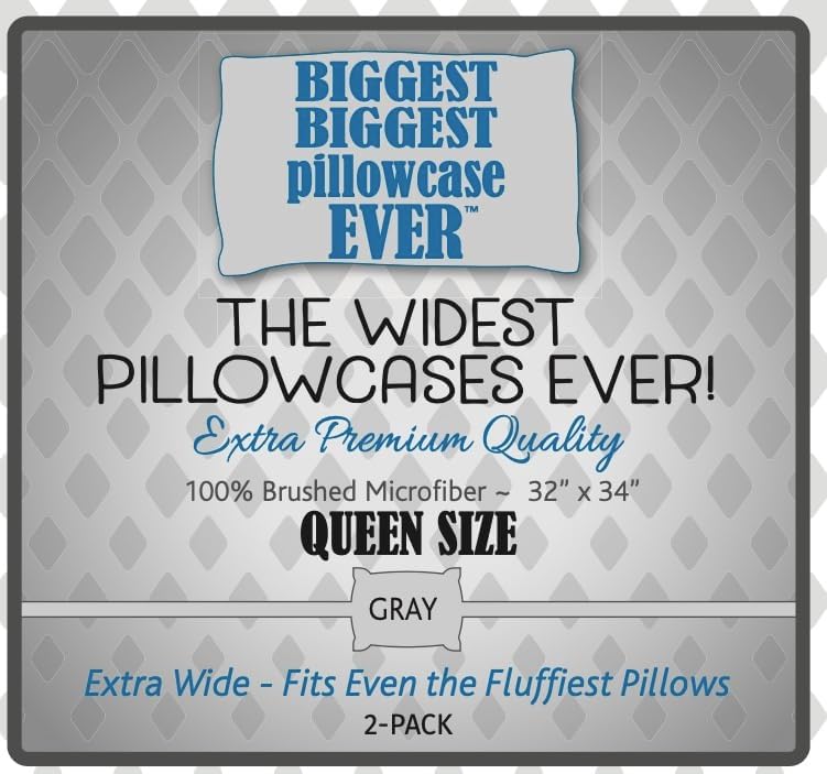Extra Large Pillowcase. 32” Inches Wide. Biggest Pillowcase Will Comfortably Fit Even The Biggest Pillows. Extra Soft Microfiber. Queen Grey 2-Pack