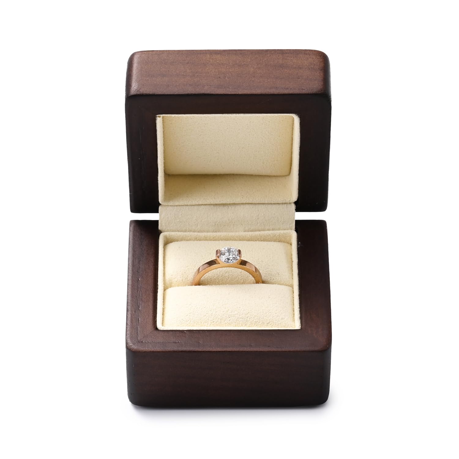 Woodten Jewelry Engagement Proposal Ring Box, Solid Wood Single Ring Box for Proposal, Wedding(Beige)