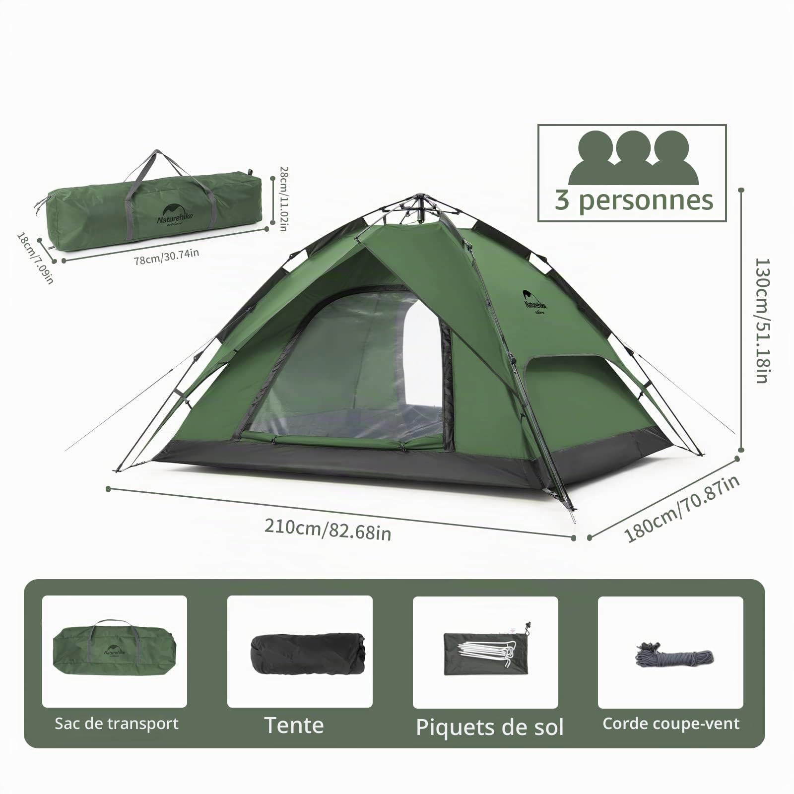 Naturehike Tente de Dôme pour 3 ou 4 Personnes Escamotable Automatique Portative Instantanées à Double étage pour Camping avec Sac de Transport