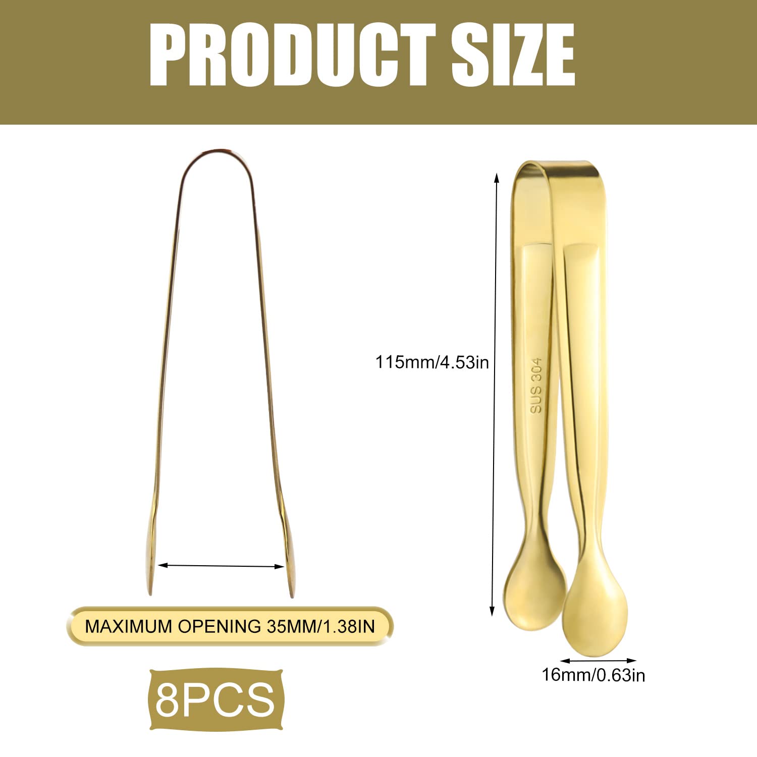 Pinzas pequeñas para azúcar, 8 unidades, color dorado y acero inoxidable, se pueden utilizar para dulces, pinzas para servir, pinzas de cocina, pinzas para cubitos de hielo