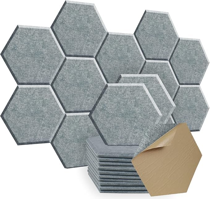 12 Pcs Hexagon Acoustic Panels,Self-adhesive High Density Sound Absorbing Panels, 14" X 12" X 0.4" Professional Level Sound Dampening Panels for Studio Home, Office (Grey)