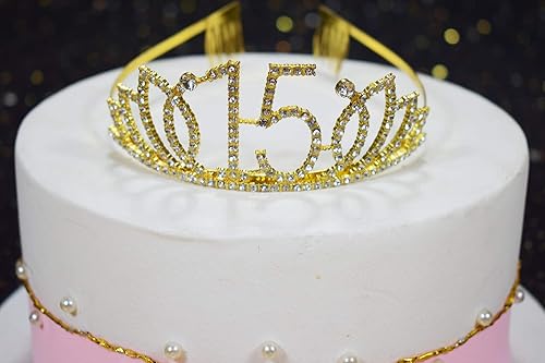 Miniatura 4 de Tiara y banda dorada de cumpleaños número 15, suministros para fiesta de cumpleaños número 15, banda de satén con purpurina y tiara de cristal,