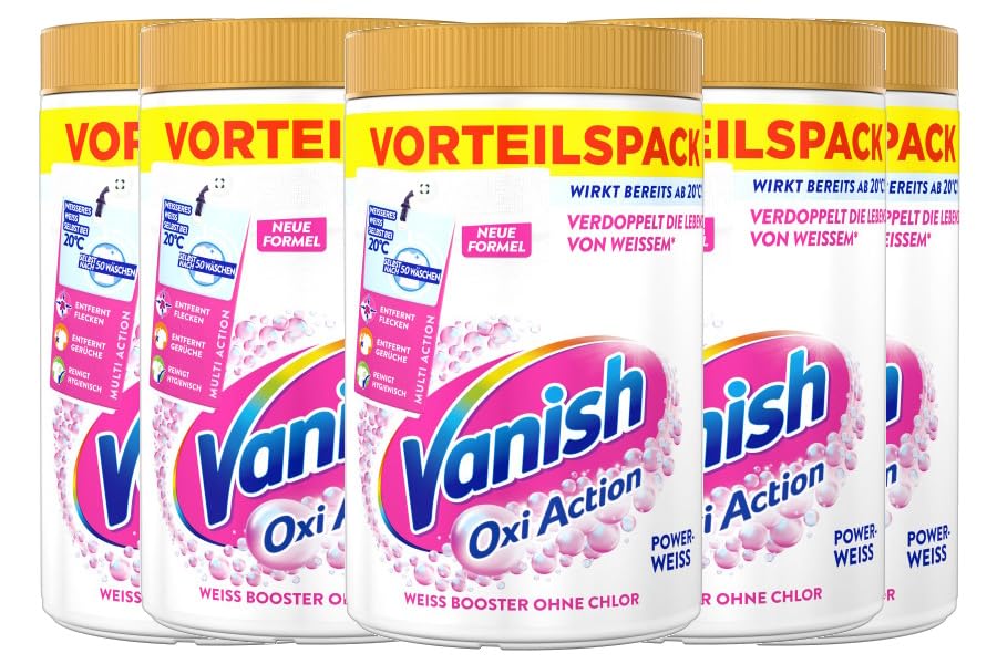 Vanish Oxi Action Powerweiss Pulver – 5 x 1,65 kg – Fleckenentferner und Wäsche-Booster Pulver ohne Chlor – Für weiße Wäsche