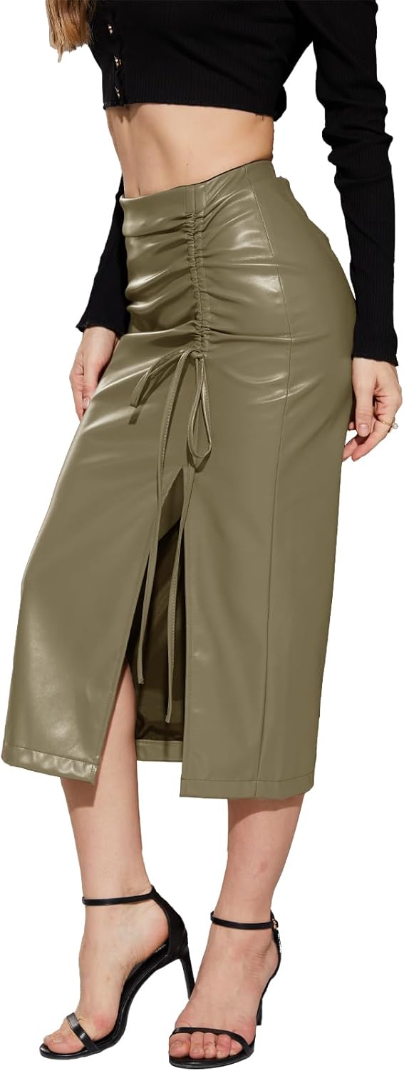 Women's Faux Leather Skirt Split High Waisted Bodycon Casual Work Trendy Pencil Skirts for Women - Image 2