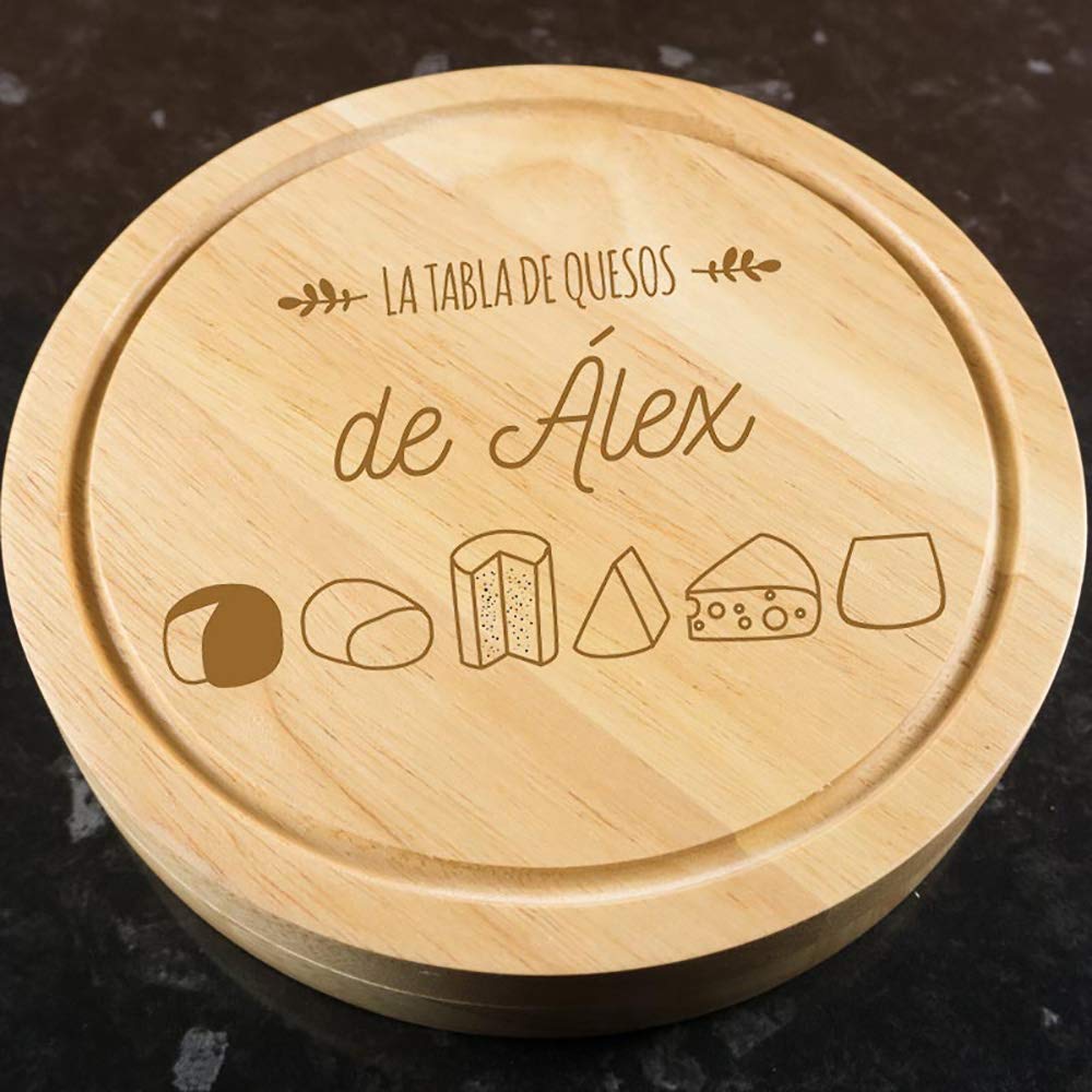Calledelregalo Regalo Personalizado: Tabla de quesos grabada con el Nombre Que tú Quieras y Divertidos Motivos de quesos