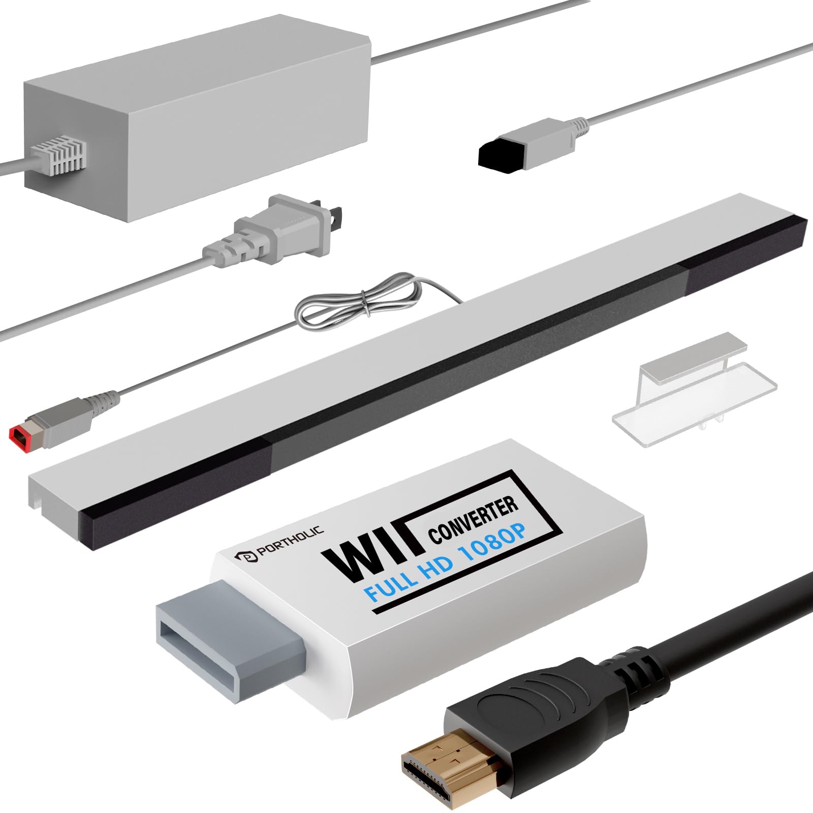 Kit Cavi Wii 4 in 1 - Alimentatore AC + Adattatore Wii a HDMI + Barra Sensori Cablata + Cavo Audio Video Composito per Nintendo Wii