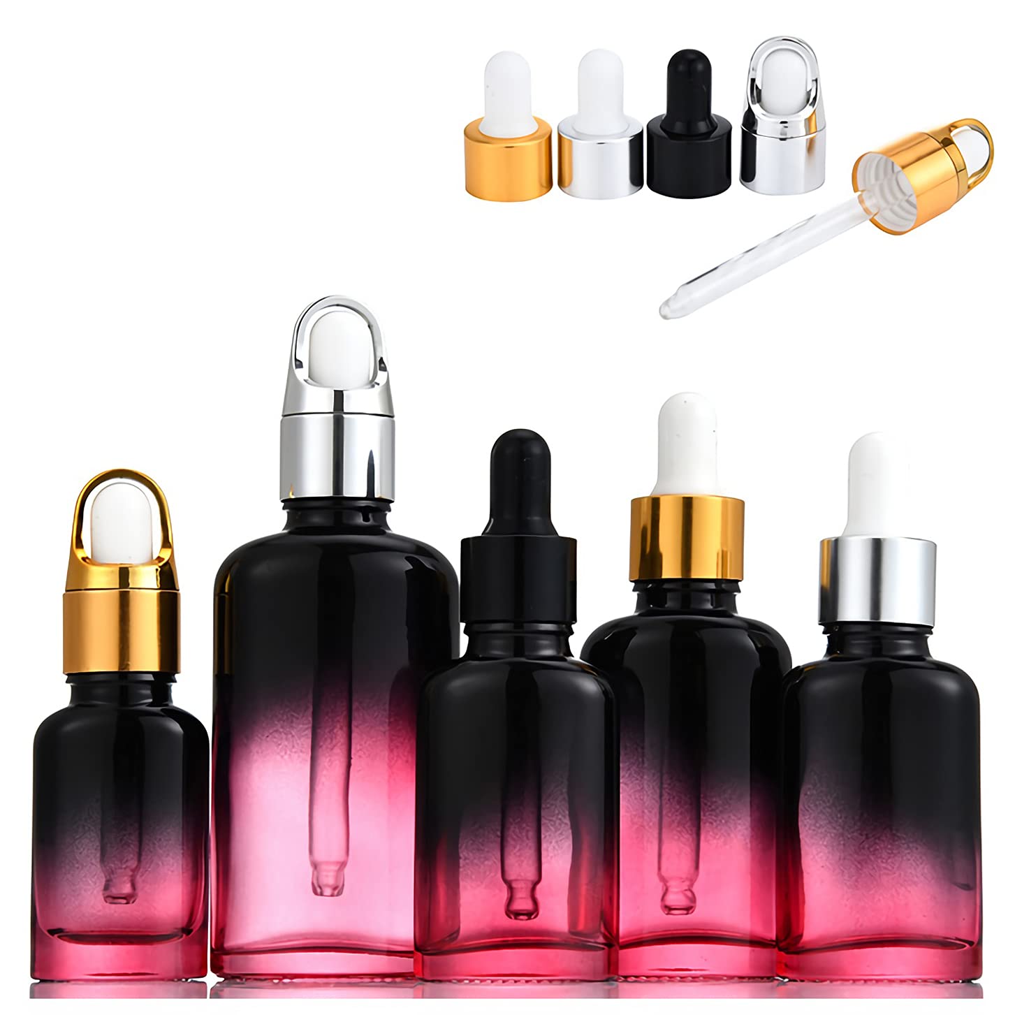 12 Stück 30 ml Leere Schwarz Rot Farbverlauf Oval Pipettenflasche mit Schwarz Pipettenring, Glasflasche Glaspipette Tropfpipetten für Ätherische Öle Aromatherapie