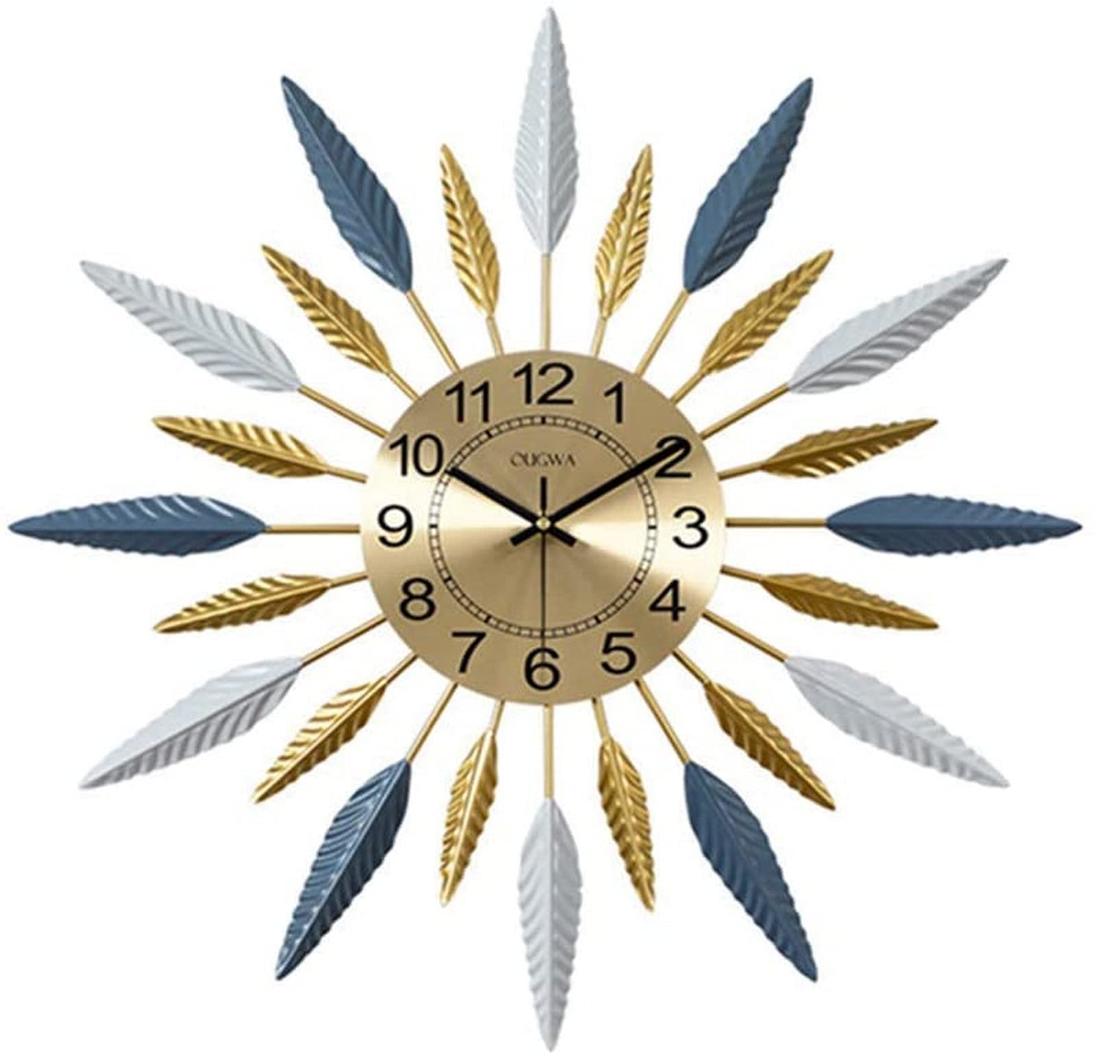 Sjdopulse Golden/Blue/White Wall Clock Large Wall Clock,Retro Geometric Feather Design Mute Clock,Modern Polychromatic Vintage Metal Wall Clock For Home Kitchen, ,58.5Cm Art Home Decor Si