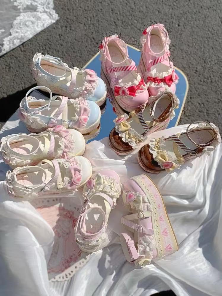 ZQW Women's Kawaii Cute Bow Strawberry Cake Lace Chunky Mary Jane Heels Round Toe Lolita Y2K Aesthetic Platform Wedge Shoes3