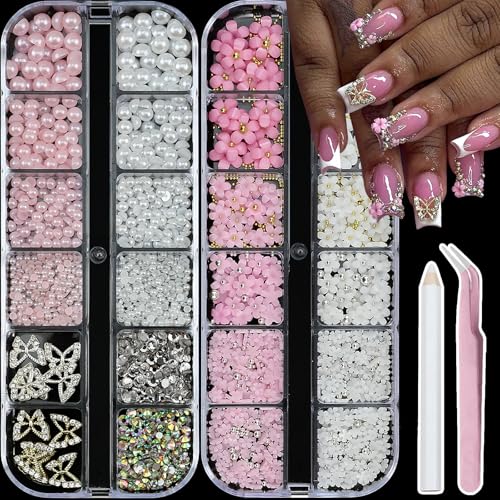 SEMATA 3D Flower Nail Art Charms Flatback Nail Pearls Rhinestones Pink White Flower Nails Gems with Caviar Beads Gold Silver Butterfly Nails Art Accessories Decoration Design for Women