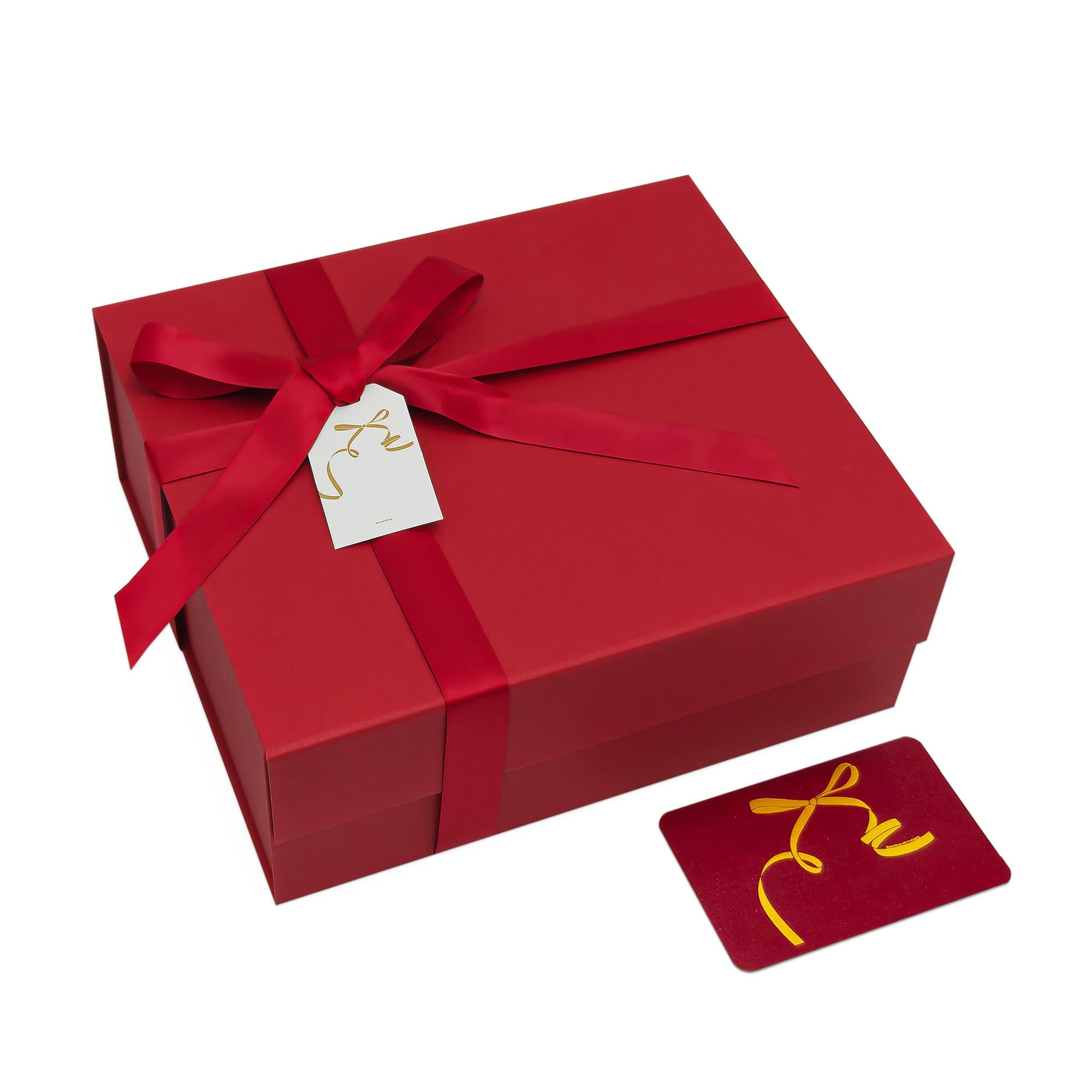 BloomWrap Red Gift Box with Lid 29 x 25 x 11 cm, Shimmer Finish Magnetic Closure Foldable Present Box with Ribbon, Card & Gift Tag