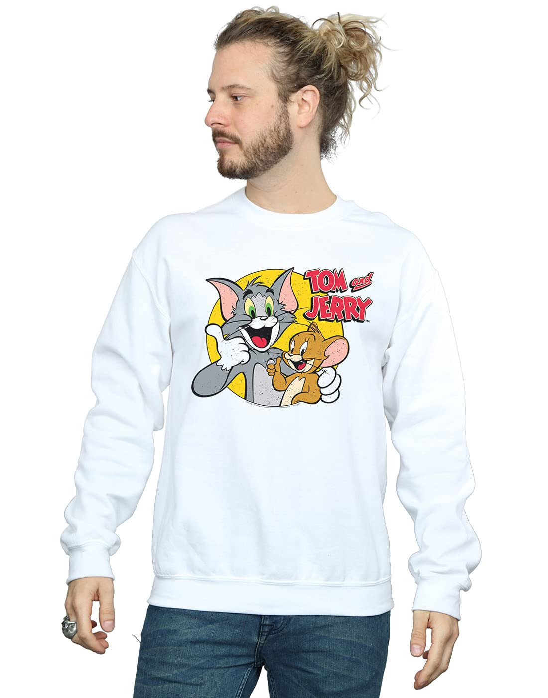 Absolute Cult Men's White Tom And Jerry Thumbs Up Sweatshirt Large