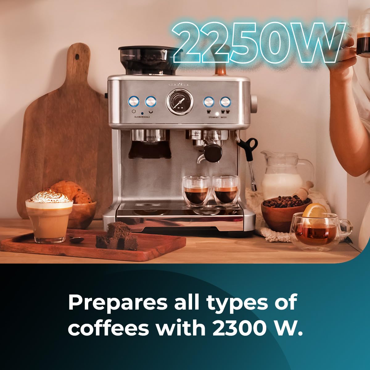 Cecotec Macchina da Caffè Espresso da 20 Bar Power Espresso 20 Barista. 2250W, Manometro, 2 Thermoblock, Lancia Vapore Orientabile, Contenitore per Caffè in Grani e Macinacaffè con 20 livelli