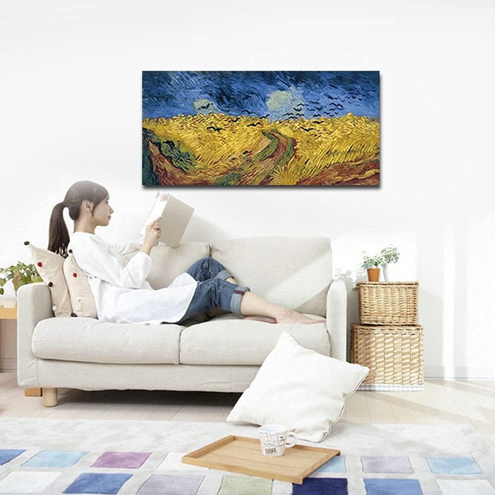 Wieco Art Wheatfield with Crows Large Classic Canvas Prints Wall Art By Van Gogh Famous Oil Paintings Reproduction Modern Stretched and Framed Giclee Landscape Pictures