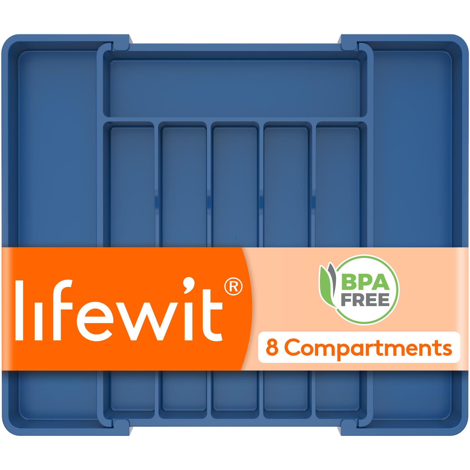 Lifewit Cutlery Drawer Organiser, Extendable Cutlery Tray, 8 Compartments, Kitchen Drawer Organiser Utensil Spoons Forks Knives, Medium, Dark Blue