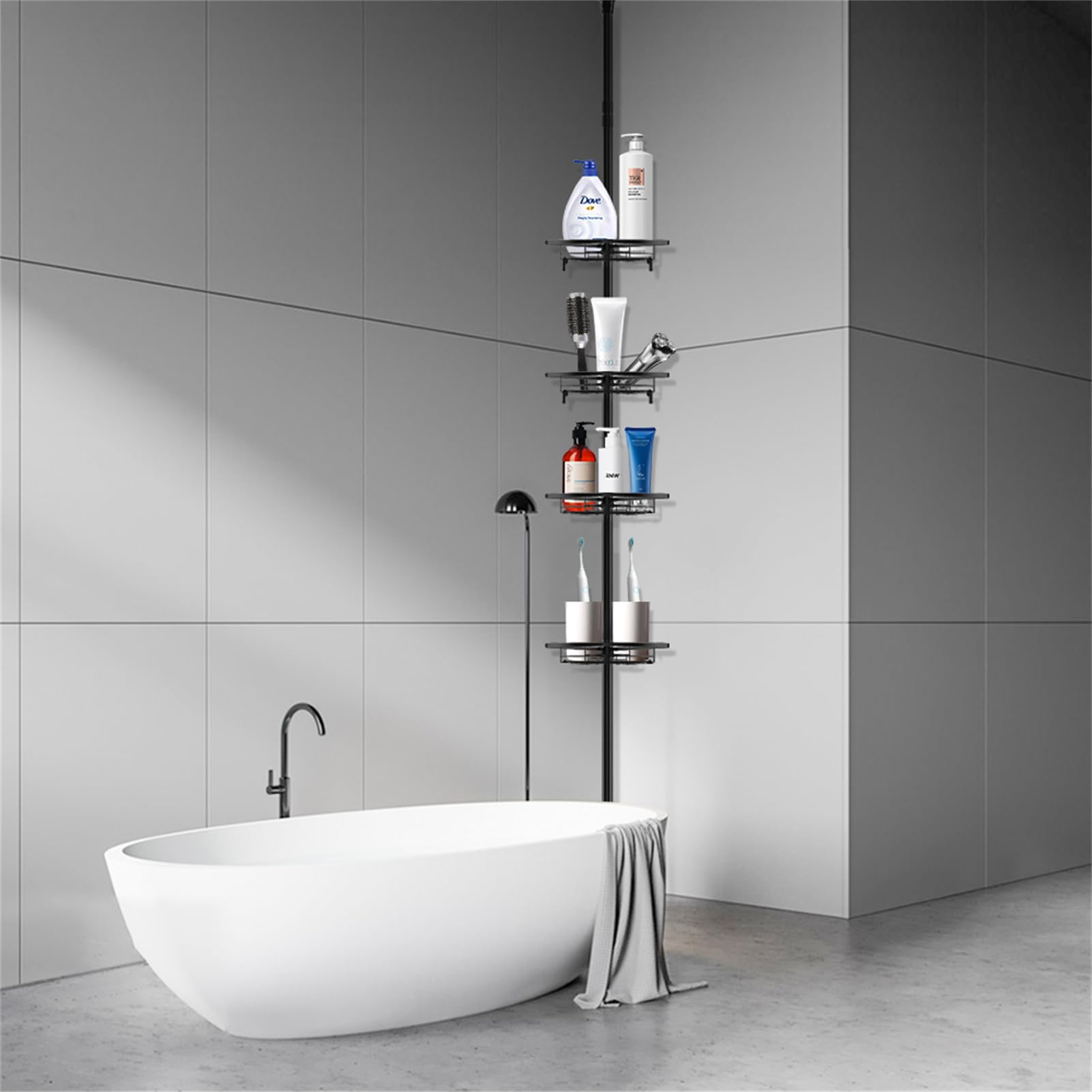 homewell Estante para ducha sin taladrar, altura ajustable, estante de ducha esquinero de acero inoxidable y placa de red, estantería de baño con 4 cestas y 4 ganchos móviles para toallas, organizador