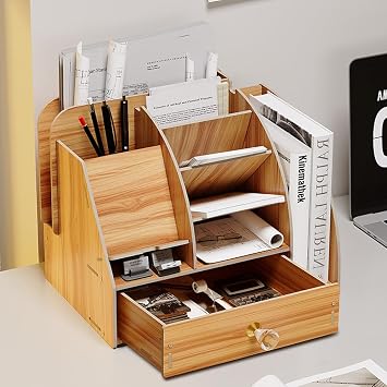 Upgrade Wooden Desk Stationary Organiser with Phone Docking Station | Desktop Storage Organizer Caddy with Drawer and Bookcase Pencil Holder Storage Box Desk Accessories (B20-1 Cherry)