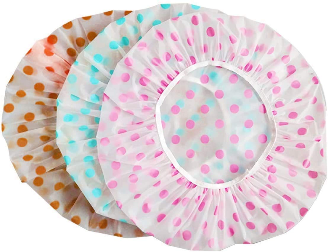 3 Pieces Waterproof EVA Plastic Caps,Elastic Reusable Bathing Hair Cap,Beauty Salon Spa Shower Caps Lace Elastic Band Flower Printed Hat Environmental Protection Hair Bath Caps Shower Caps