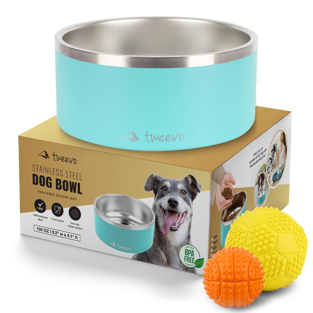 Tweevo Stainless Steel Large Dog Bowl with 2 Rubber Balls - 64oz/100oz Size & 7 Color Options Durable, Non-Slip, Insulated Dog Bowl, Insulated Dog Food Bowls for Medium, Large, and Extra Large Dogs