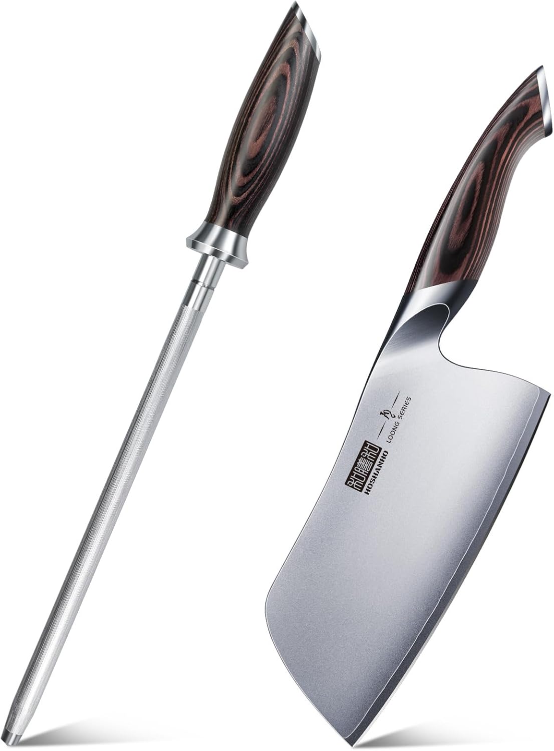 HOSHANHO 7 Inch Butcher Knife & Honing Rod 10 Inch, Japanese High Carbon Steel Heavy Duty Meat Cleaver Knife, Professional Bone Cleaver Knife Suitable for Home Kitchen & Restaurant