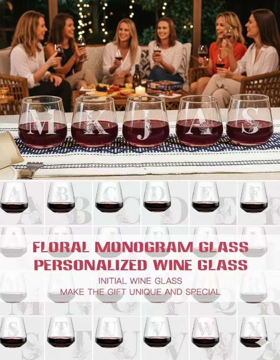 Physkoa Personalized Stemless Wine Glass — Customized A–Z Initial, Etched & Dishwasher Safe | Birthday Wine Gift for Her, Mom, Friend, Wife, Sister | Valentine’s Day Monogrammed Gift(K) - Image 6