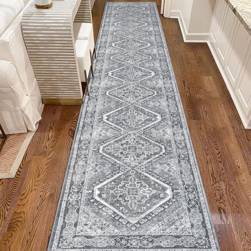 KUTA Vintage Washable Runner Rug 2.6x16, Non-Slip 16ft Extra Long Hallway Kitchen Rugs Grey, Indoor Ultra Soft Printed Distressed Medallion Carpet Runners for Bedroom Living Room