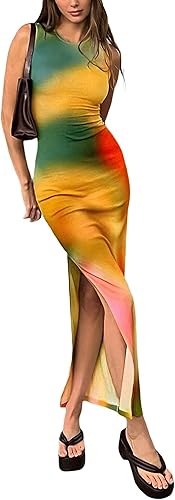Miniatura 3 de Suillty Vestido sin mangas Y2k para mujer, diseño de teñido anudado, vestido largo, ajustado, ajustado, vestido largo de verano