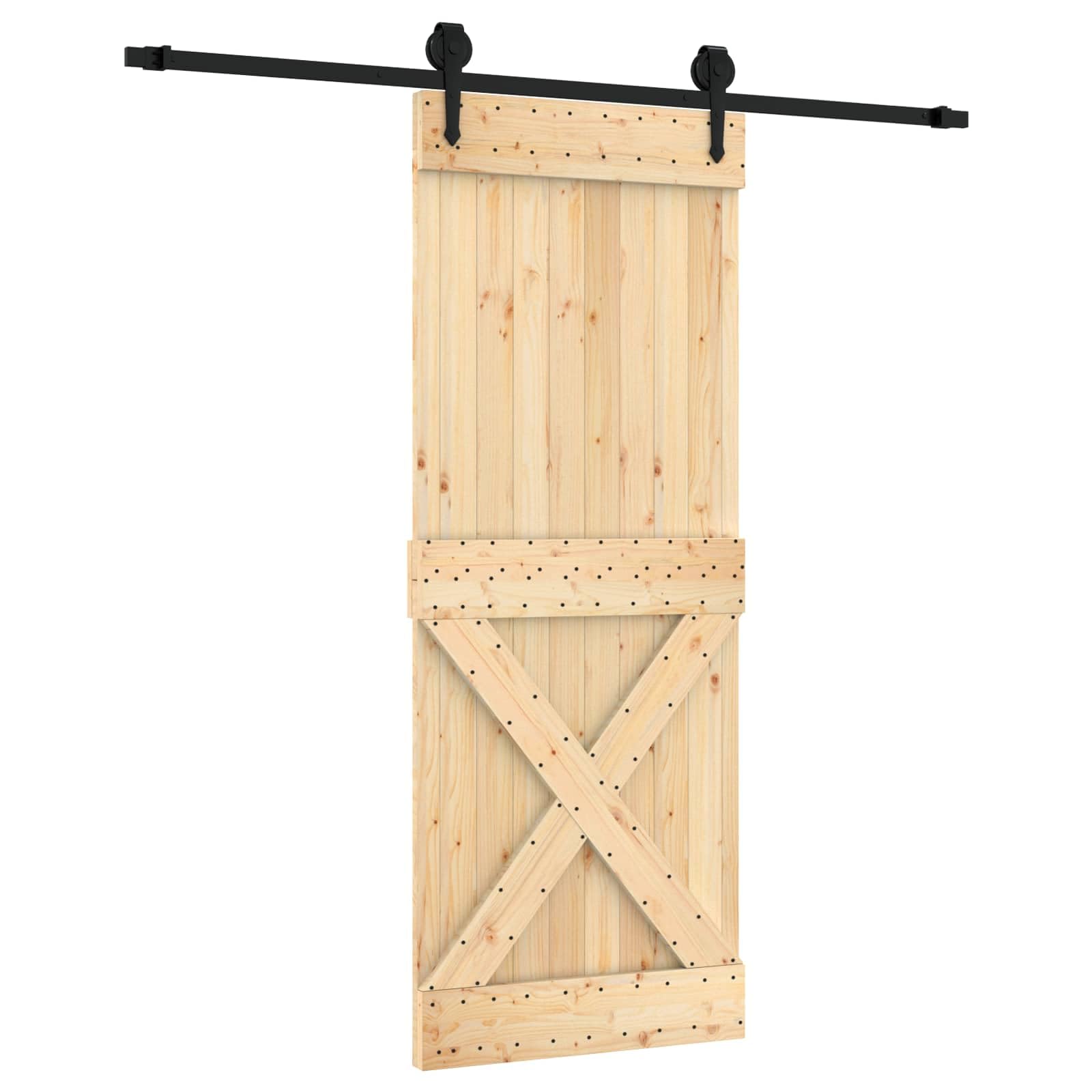 Nowoczesne drzwi przesuwne z litego drewna sosnowego, 80 x 210 cm, z naturalną powierzchnią i oszczędzającym miejsce mechanizmem przesuwnym na górnej szynie, elementy stalowe malowane