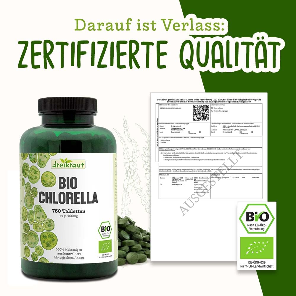 Chlorella BIO von dreikraut | 750 Presslinge a 400mg | 100% Chlorella-Algen | frei von Zusätzen