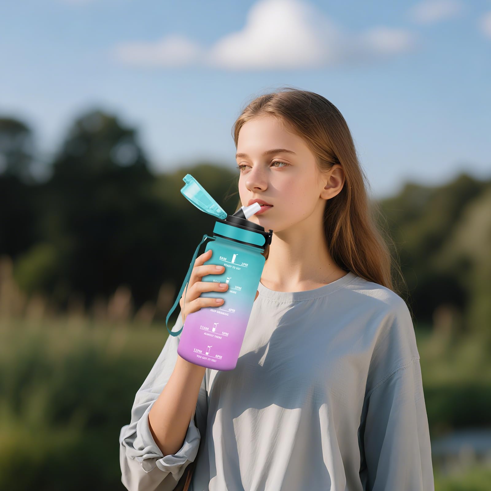 Motswedi Butelka na Napoje, 500ml, Nie Zawiera BPA, ze Słomką, Szczelna, Nadaje Się do Uprawiania Sportu, Nadaje Napojów Gazowanych, Kemping, Jjogę, Siłownię, Szkoły, Zewnątrz, Zielony Różowy
