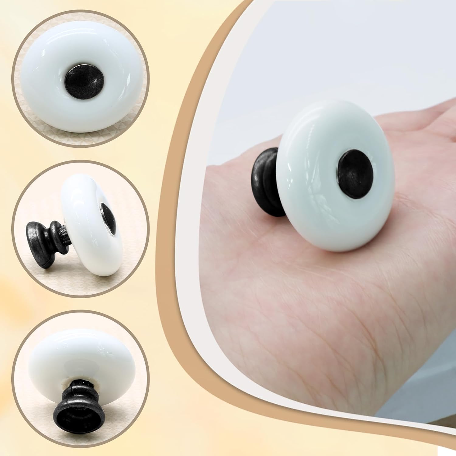 6pcs White Ceramic Drawer Knobs, Round Vintage Dresser Knobs with Black Point & Base, Decorative Pull Handles for Closet, Cupboard (Large)