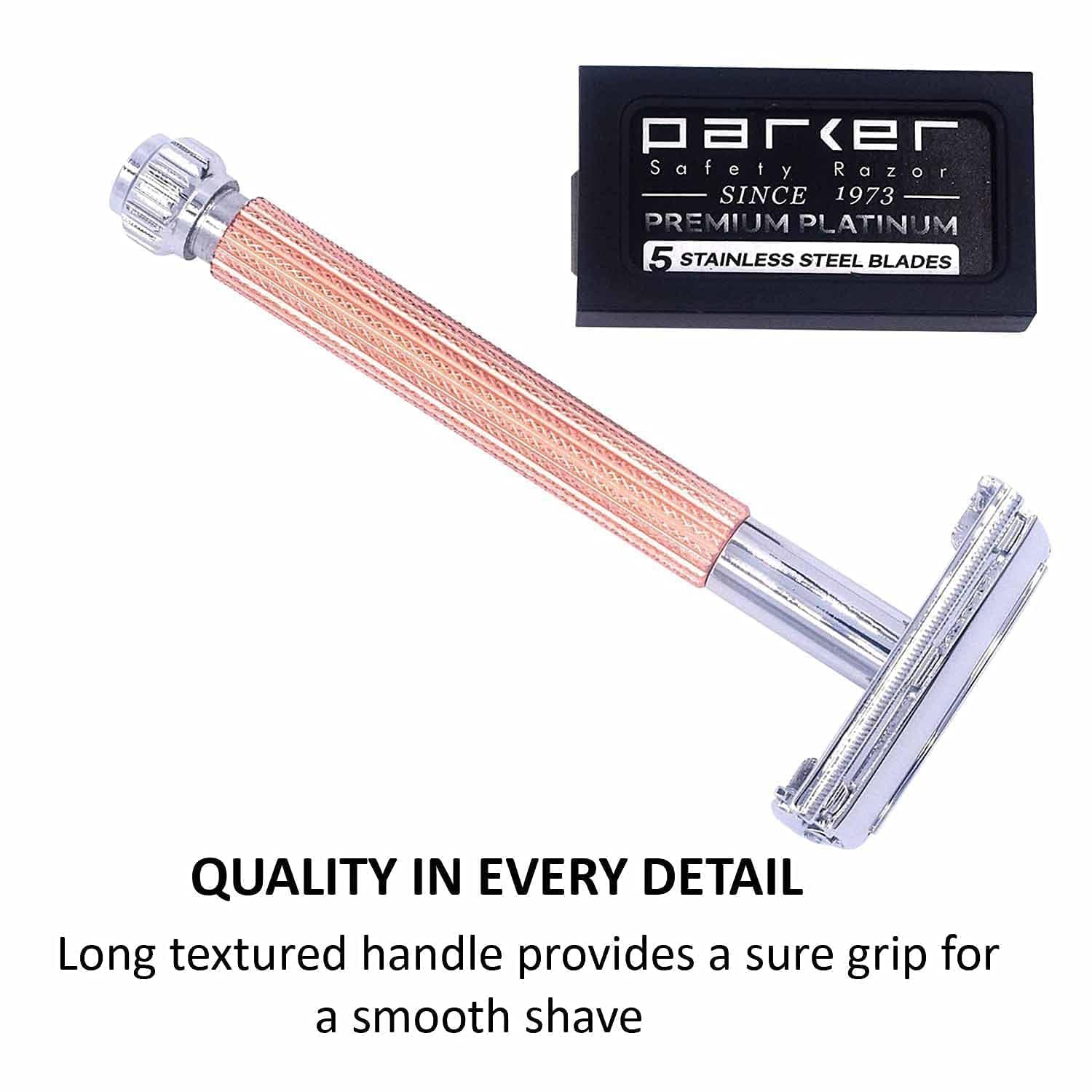 Parker 29L Rose Gold, Long Handle Butterfly Open Double Edge Safety Razor for Men & Women, 5 Parker Premium Platinum Double Edge Razor Blades Included image 5