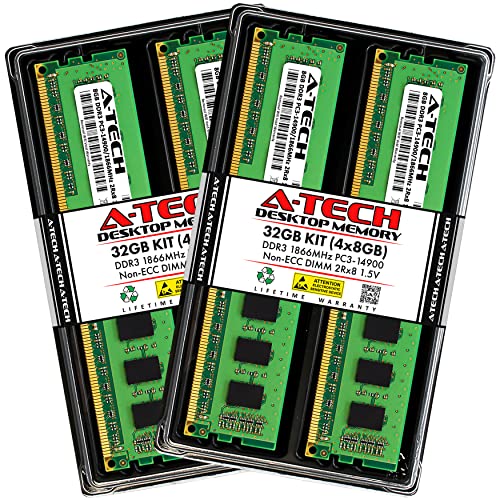 A-Tech 32GB Kit (4x8GB) DDR3 1866MHz PC3-14900 CL13 UDIMM 2Rx8 1.5V Non-ECC DIMM 240-Pin Desktop RAM Memory Upgrade Modules