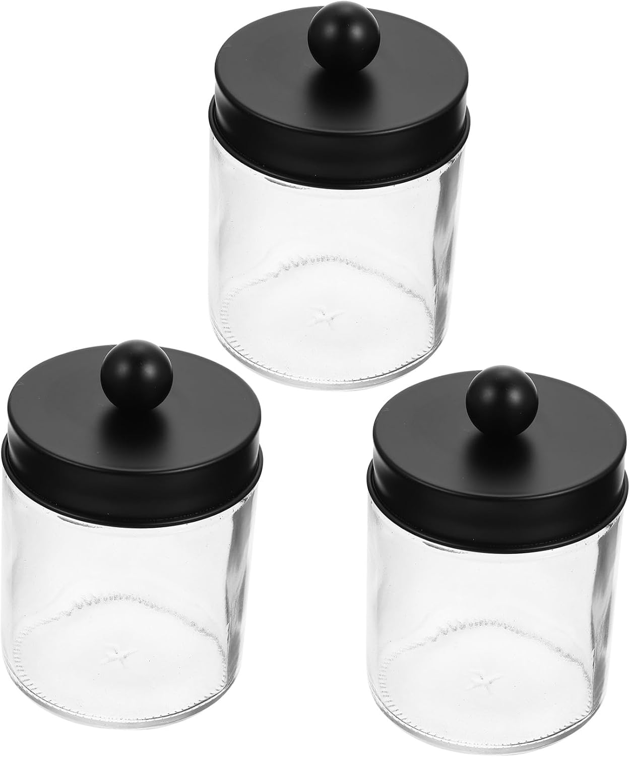 STOBAZA Glass Cotton Ball Jar and Cotton Swab Holder Set, 3pcs Storage Canisters with Black Stainless Steel Lids for Bathroom Organizing and Vanity Use