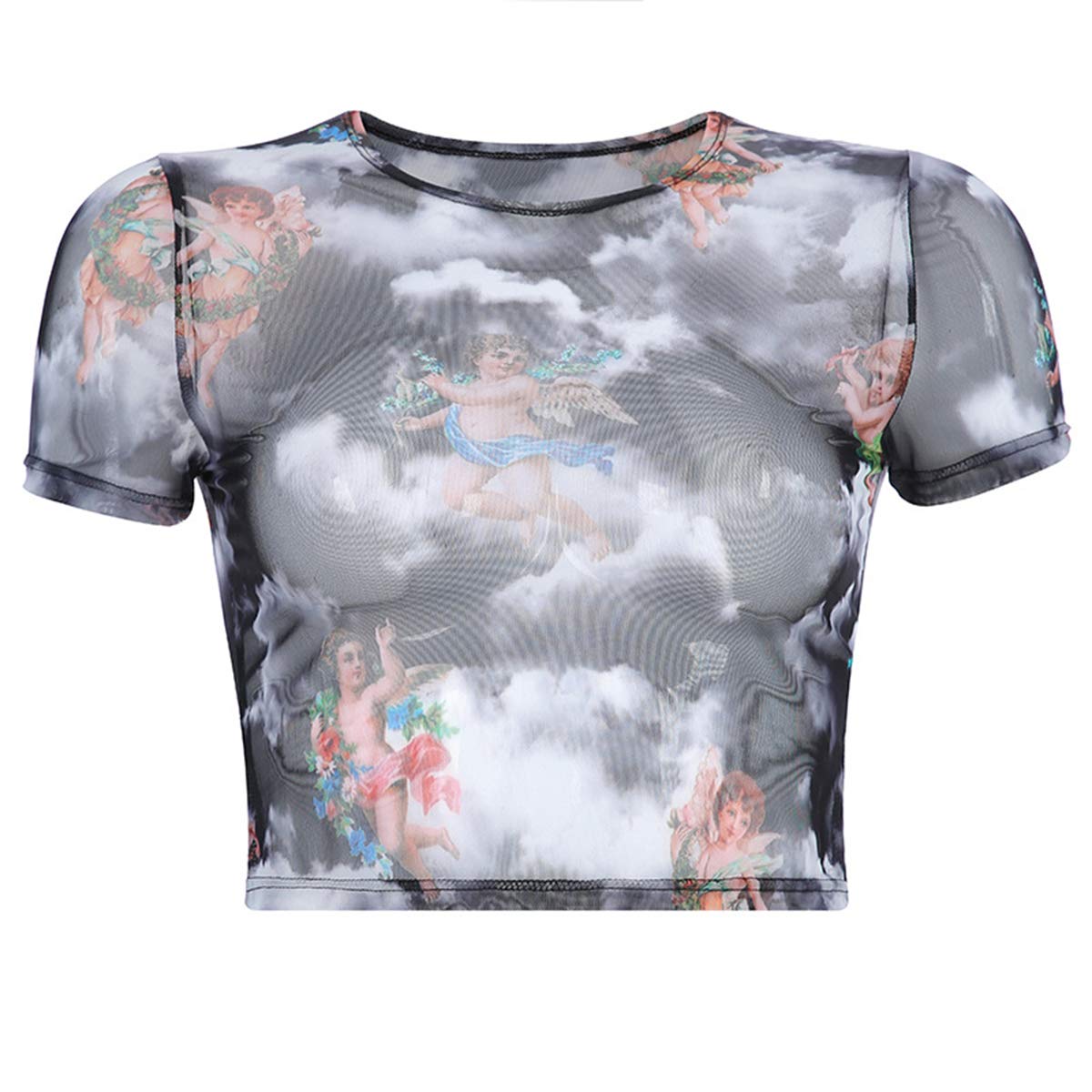 HitZoom Women's Sexy Sheer See Through Devil Embroidery Mesh Crop Tops Tee Blouse