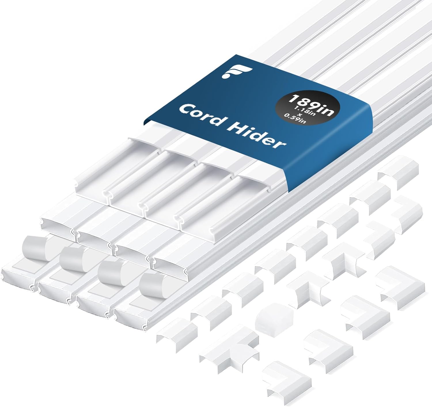 shinfly 189in Cord Hider Kit, Paintable Cable Raceway for Wall Mounted TV, Cord Covers for Wires on Wall, Wire Hider for TV Cables, White, 1.18” W x 0.59” H (15.75in x 12-Pack)