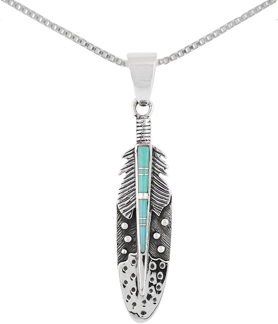 925 Sterling Silver Gemstone & Turquoise Feather Necklace (Pendant & 24" Chain)