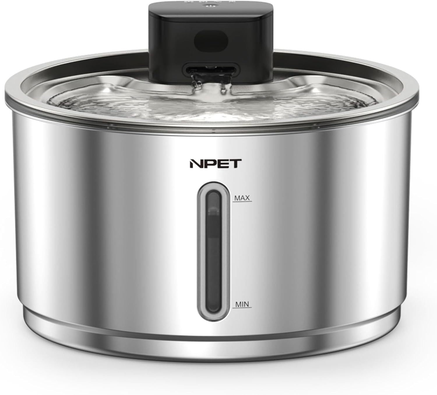 NPET Stainless Steel Wireless Cat Fountain, 1Gallon/135oz Battery Operated Automatic Pet Drinking Fountain - Cordless Dog Water Dispenser with Water Level Window for Cats Indoor