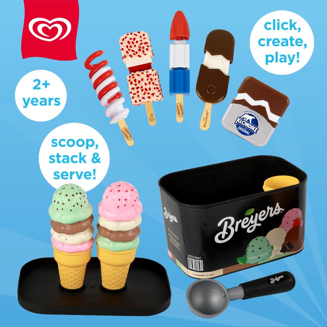 Casdon Good Humor & Breyers Ice Cream Set | Toy Ice Cream Set (Ages 2+) | Includes Strawberry Shortcake, Klondike Original, Magnum Classic, Firecracker & Cyclone | Breyers Tub & Scoop Play Toy