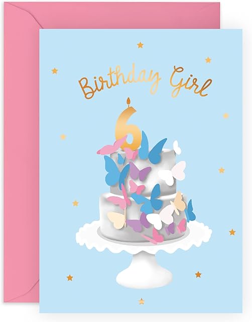 Central 23 Sixth Birthday Card for Girls - Happy 6th Birthday - Age 6 - Six Year Old - Blue Purple Pink Butterfly Greeting Card for Kids - Daughter - Granddaughter - Comes With Fun Stickers