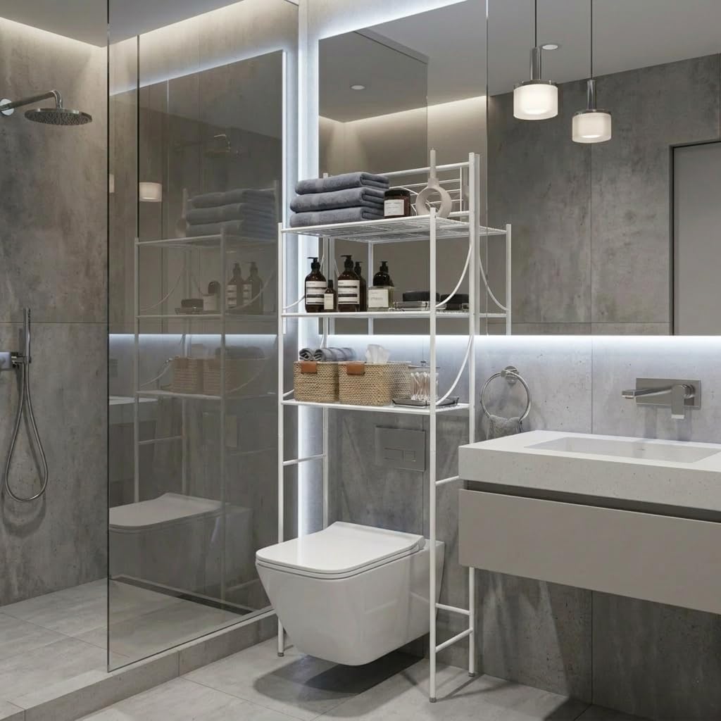 Bath Bliss 3 Tier Freestanding Bathroom Space Saver, Whtie Metal Over Toilet Storage Rack | Rust Resistant Bathroom Organizer Shelf | Space Saving Bathroom Storage for Towels & Toilet Paper