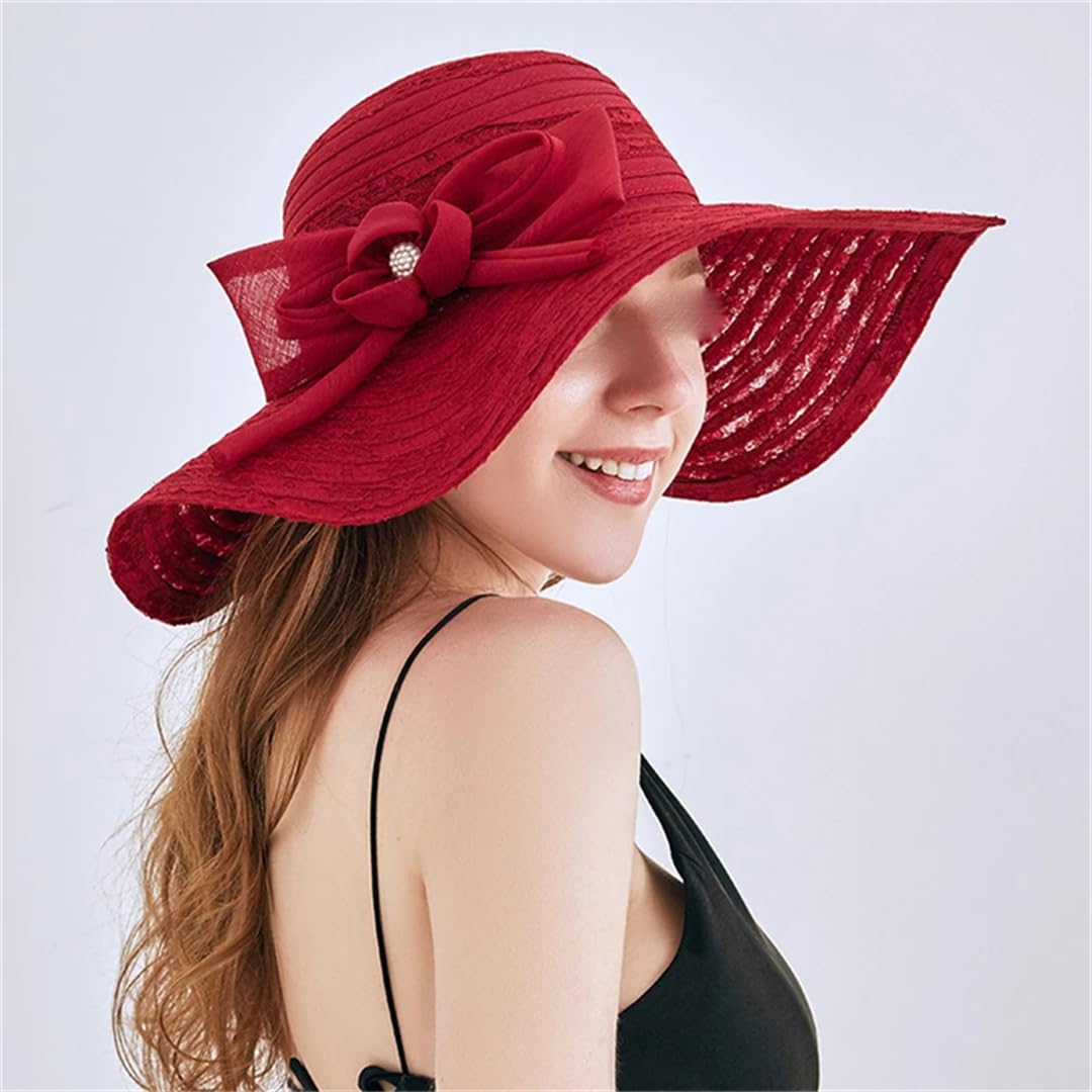 Yeuyyben Cappello da sole estivo da donna, elegante, con fiocco, a tesa larga, per feste di nozze, chiesa, cappello da spiaggia