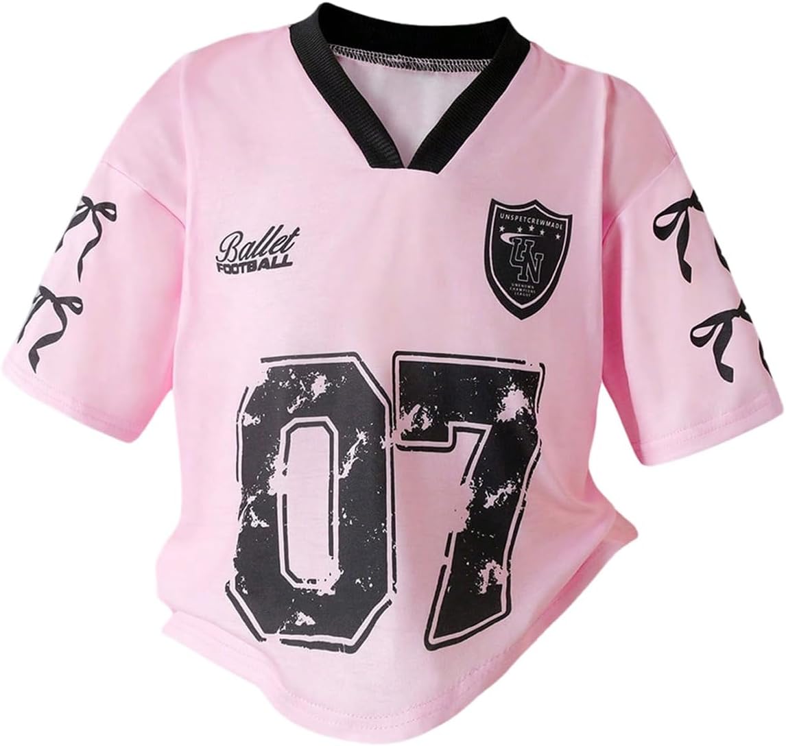 Girl's Jersey Shirts Number Graphic Tees V Neck Short Sleeve Summer T Shirts Gameday Outfits