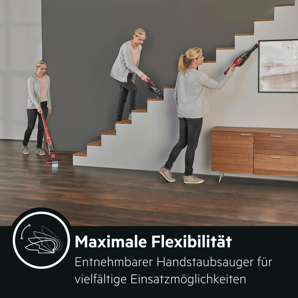 AEG Ergorapido 2in1 Akku Staubsauger, Beutellos, inkl. Tierhaardüse, ETM Testsieger, bis zu 45Min Laufzeit, Freistehend, 180° Drehgelenk, Bürstenreinigungsfunktion, LED-Frontlichter, Rot, CX7-2-45AN